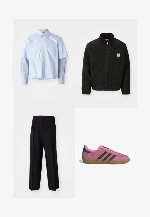 Zwarte ritsjack met een bruine corduroy kraag, twee zijzakken en een klein vierkant Carhartt logo-patch op de linkerborst.; Korte mouwen lichtblauw shirt met kraag, voorzien van een borstzak en lange blauw geruite mouwen, wat zorgt voor gelaagde visuele contrast.; Zwarte geplooide broeken met een rechte, brede pijpontwerp. Gemaakt van soepele stof, met een knoopsluiting en riemlussen.; Roze suède sneaker met zwarte strepen, rubberen zool en textuur op de paarse hak. Voorzien van een vetersluiting en opgedrukte merknaam aan de zijkant.