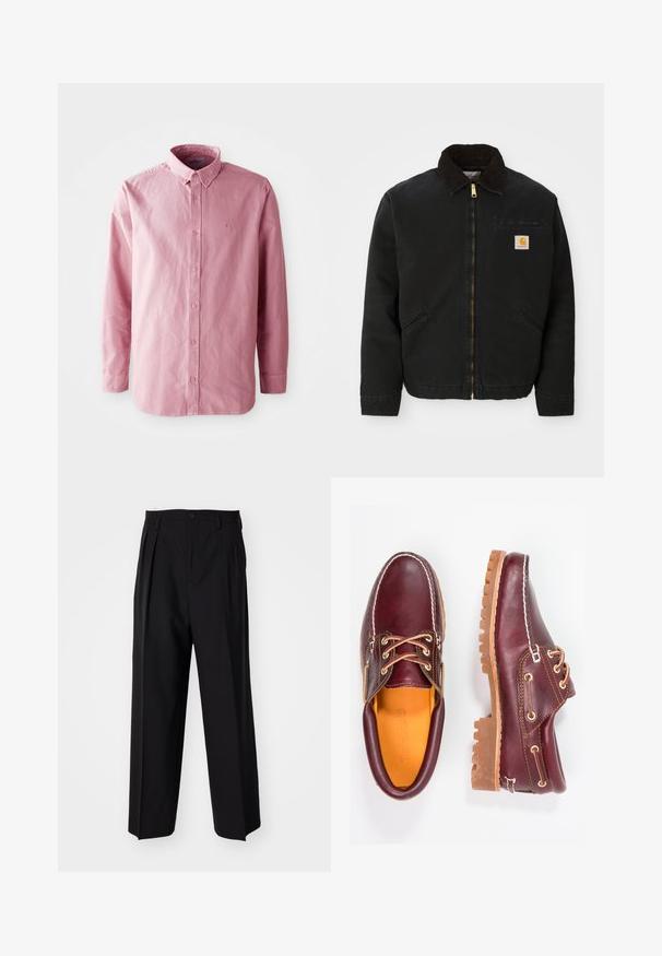 Fekete zipzáras dzseki barna kordbársony gallérral, két oldalsó zsebbe és egy kis négyzet alakú Carhartt logóval a bal mellen.; Hosszú ujjú, gombos ing világos rózsaszín anyagból. Klasszikus gallérral, elöl hat gombbal és egy diszkrét logóval a mellkasán.; Fekete, pliszírozott nadrág, egyenes, széles lábakkal. Sima anyagból készült, gombos záródással és övhurkokkal rendelkezik.; Bordó bőr cipő barna gumitalppal, kerek orral, fehér varrással és arany fűzőlyukakkal. A belső tér sárga béléssel rendelkezik.