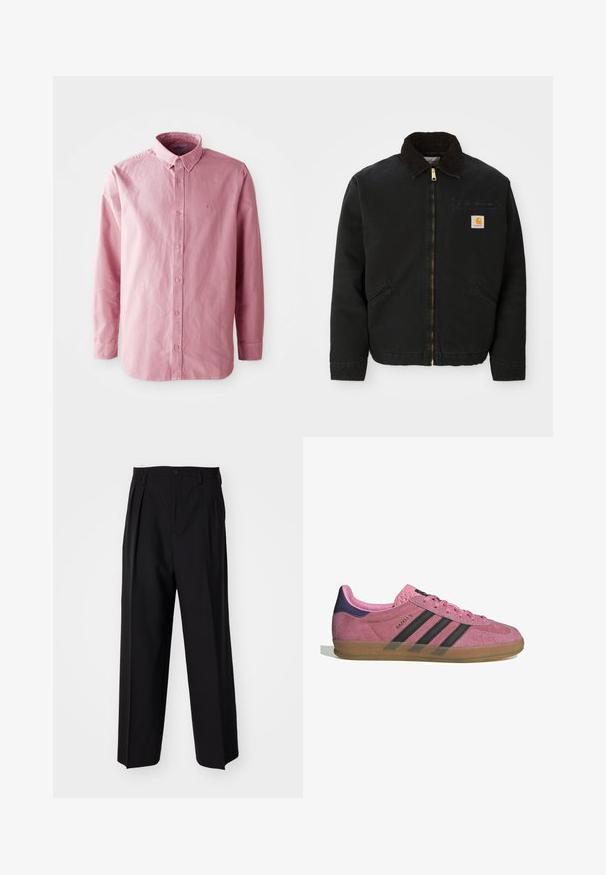 Svarte zip-up jakke med brun kordfløyelskrage, to sidelommer og en liten firkantet Carhartt-logo på venstre bryst.; Langermet, skjorte med knapp i et lyserosa stoff. Har en klassisk krage, seks knapper foran og en subtil logo på brystet.; Sorte plissert bukser med en rett, bred benform. Laget av glatt stoff, med knappelukking og beltehemper.; Rosa semskesko med svarte striper, gummisåle og teksturert lilla hæl. Har en snøringdesign og preget merkevare på siden.
