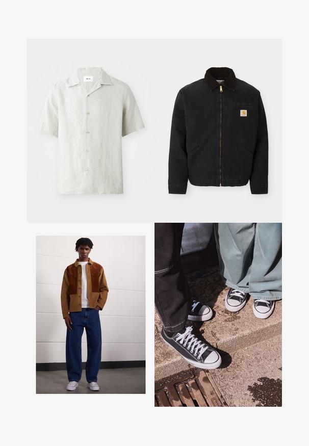 Sort zip-up jakke med brun kordfløjlskrave, to sidelommer og et lille firkantet Carhartt logo patch på venstre bryst.; Kortærmet, lysebrun linnedskjorte med krave, fem knapper ned foran og en let afslappet pasform.; Mand, der står indendørs iført en brun cordurojjakke med rustfarvede pletter, hvid t-shirt, løse blå jeans og hvide sneakers.; Sorte canvas low-top sneakers med hvide gummitåspidser og snørebånd, parret med brede grønne denim bukser, på en tekstureret stensoverflade.