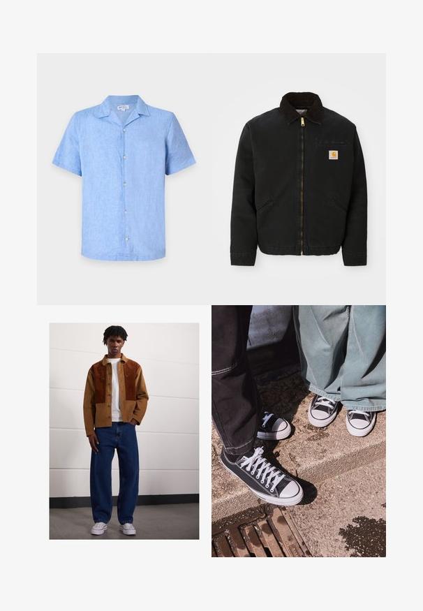 Mustan lukuga vest, millel on pruunist kangast krae, kaks küljetaskut ja väike ruudukujuline Carhartti logo patch vasakul rinnal.; Lühikeste varrukatega helesinine laudlina särk, millel on krae, esimesed nööbid ja mugav lõige. Sile tekstuur, minimaalsete detailidega.; Mees seisab siseruumides, kandes pruuni rubriikjakki roosteplekkidega, valget T-särki, lahtisi siniseid teksaseid ja valgeid spordijalanõusid.; Mustad musta kangaga madalate tossudega, valgete kummist varvaste ja paeltega, kombineerituna laia rohelise denimpüksiga, tekstureeritud kivi pinna peal.