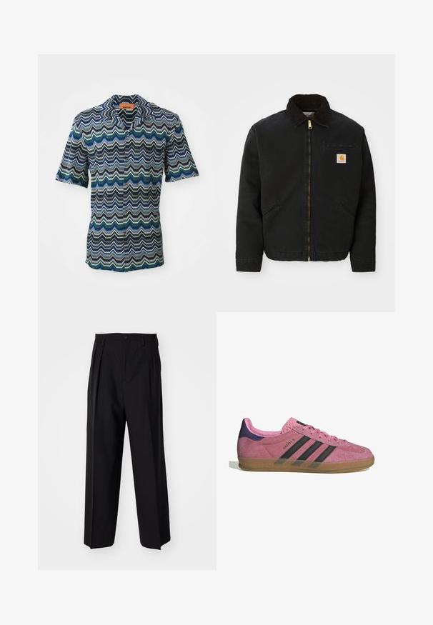 Zwarte ritsjack met een bruine corduroy kraag, twee zijzakken en een klein vierkant Carhartt logo-patch op de linkerborst.; Korte mouw knoopshirt met een zigzagpatroon in marineblauw, groen en lichtblauw op een gestructureerde stof. Label bij de halslijn.; Zwarte geplooide broeken met een rechte, brede pijpontwerp. Gemaakt van soepele stof, met een knoopsluiting en riemlussen.; Roze suède sneaker met zwarte strepen, rubberen zool en textuur op de paarse hak. Voorzien van een vetersluiting en opgedrukte merknaam aan de zijkant.