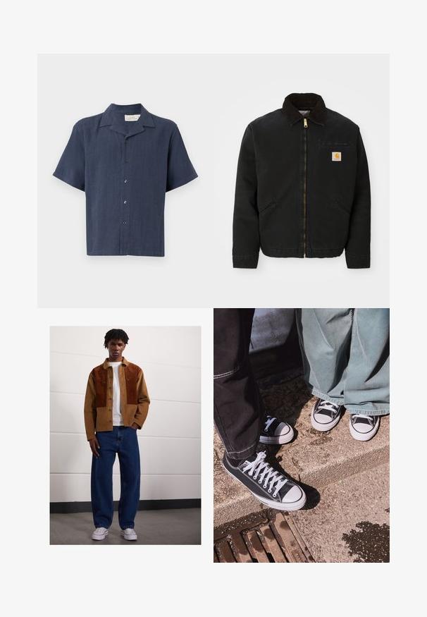 Zwarte ritsjack met een bruine corduroy kraag, twee zijzakken en een klein vierkant Carhartt logo-patch op de linkerborst.; Korte mouwen, knoopshirt in donker marineblauw, gemaakt van gestructureerde stof. Bevat een klassieke kraag en vijf zwarte knopen aan de voorkant.; Man die binnen staat en een bruine corduroyjas met roestvlekken, een wit T-shirt, losse blauwe spijkerbroeken en witte sneakers draagt.; Zwarte canvas lage sneakers met witte rubberen neusdeksels en veters, gecombineerd met brede groene denim broeken, op een gestructureerd stenen oppervlak.