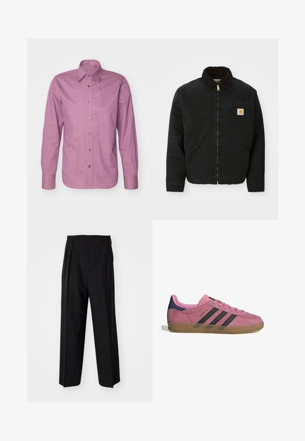 Zwarte ritsjack met een bruine corduroy kraag, twee zijzakken en een klein vierkant Carhartt logo-patch op de linkerborst.; Langsleeve shirt in effen lichtroze stof met een subtiel geometrisch patroon, voorzien van een button-down kraag en metallic knopen.; Zwarte geplooide broeken met een rechte, brede pijpontwerp. Gemaakt van soepele stof, met een knoopsluiting en riemlussen.; Roze suède sneaker met zwarte strepen, rubberen zool en textuur op de paarse hak. Voorzien van een vetersluiting en opgedrukte merknaam aan de zijkant.