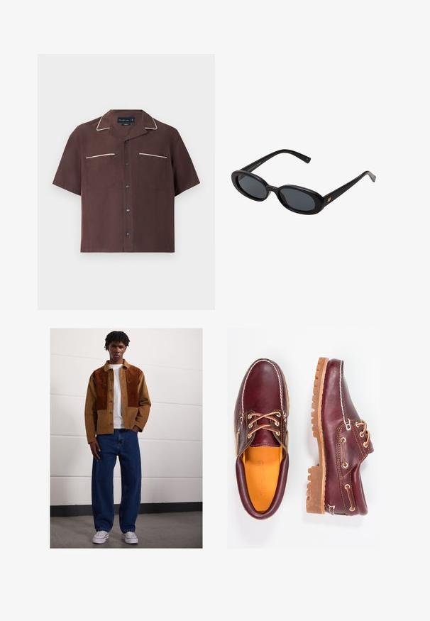 Veste noire à zip avec un col en velours côtelé marron, deux poches latérales et un petit patch carré avec le logo Carhartt sur la poitrine gauche.; Chemise à manches courtes brune en tissu lisse avec un passepoil blanc le long du col et des poches, dotée de deux poches poitrine et de boutons noirs.; Homme se tenant à l'intérieur, portant une veste en velours côtelé marron avec des taches rouillées, un t-shirt blanc, un jean bleu ample et des baskets blanches.; Chaussures en cuir bourgogne avec semelles en caoutchouc marron, bout rond, couture blanche et œillets dorés. L'intérieur présente une doublure jaune.; Lunettes de soleil noires surdimensionnées avec des verres ovoïdes, monture en plastique lisse et accents dorés sur les tempes. Les verres sombres offrent une protection contre le soleil.