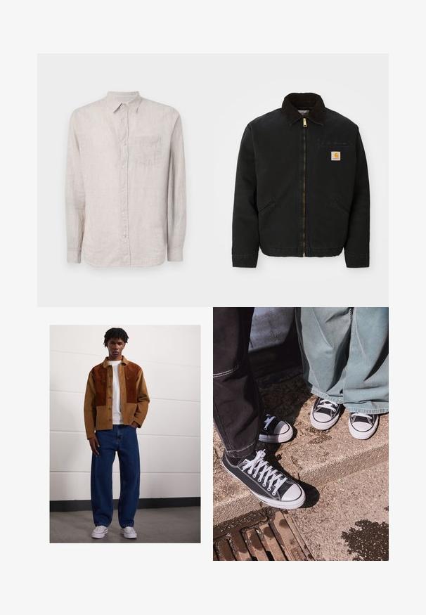 Czarna kurtka zapinana na zamek z brązowym kołnierzem z kordurowej tkaniny, dwa boczne kieszenie oraz mała, kwadratowa naszywka z logo Carhartt na lewej piersi.; GAP - Koszula; Mężczyzna stojący w pomieszczeniu, ubrany w brązową kurtkę z sztruksu z rdzawej kolorze, białą koszulkę, luźne niebieskie dżinsy oraz białe trampki.; Czarne płócienne sneakersy typu low-top z białymi gumowymi czubkami i sznurówkami, w połączeniu z szerokimi zielonymi dżinsami, na teksturowanej kamiennej powierzchni.