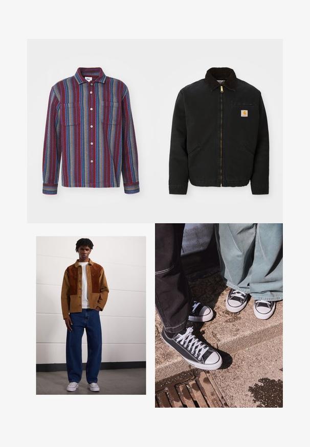 Czarna kurtka zapinana na zamek z brązowym kołnierzem z kordurowej tkaniny, dwa boczne kieszenie oraz mała, kwadratowa naszywka z logo Carhartt na lewej piersi.; Koszula z długim rękawem, zapinana na guziki, w paski w kolorze bordowym, niebieskim i zielonym, z dwiema kieszeniami na piersi i kołnierzykiem.; Mężczyzna stojący w pomieszczeniu, ubrany w brązową kurtkę z sztruksu z rdzawej kolorze, białą koszulkę, luźne niebieskie dżinsy oraz białe trampki.; Czarne płócienne sneakersy typu low-top z białymi gumowymi czubkami i sznurówkami, w połączeniu z szerokimi zielonymi dżinsami, na teksturowanej kamiennej powierzchni.