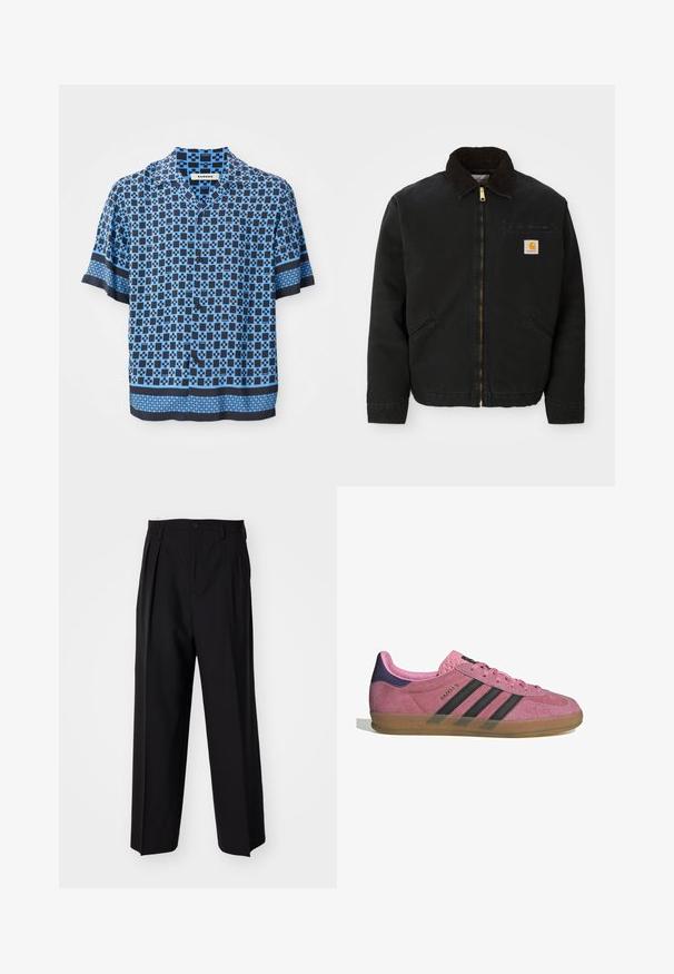 Mustan lukuga vest, millel on pruunist kangast krae, kaks küljetaskut ja väike ruudukujuline Carhartti logo patch vasakul rinnal.; Lühikeste varrukatega nööbiga särk sinises ja tumesinises koos geomeetrilise mustriga. Valmistatud kergest kangast, millel on lõdva lõike ja lapik krae.; Mustad volditud püksid sirge ja laia säärega disainiga. Valmistatud siledast kangast, millel on nuppudega sulgemine ja vööaasad.; Roosa seemneviziga toss, millel on mustad triibud, kummist soon, ja tekstureeritud lilla konts. Omab nööridega sulgemist ja reljeefset brändingut küljel.