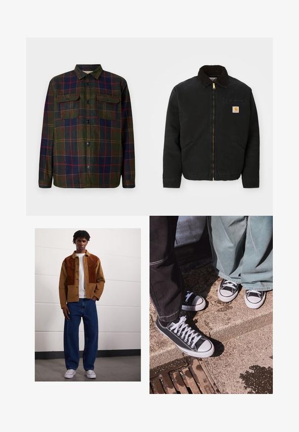 Fekete zipzáras dzseki barna kordbársony gallérral, két oldalsó zsebbe és egy kis négyzet alakú Carhartt logóval a bal mellen.; Sötétzöld, tengerészkék és burgundi kockás flanel ing, gombos elülső résszel, két mellzsebbel és klasszikus gallérral. Texturált szövetfelszín.; Férfi áll bent egy barna kordbársony dzsekiben rozsdás foltokkal, fehér pólóban, laza kék farmerben és fehér sportcipőben.; Fekete vászon, alacsony szárú sportcipők fehér gumibókos részekkel és fűzőkkel, széles zöld farmernadrággal párosítva, egy textúrált kőfelületen.