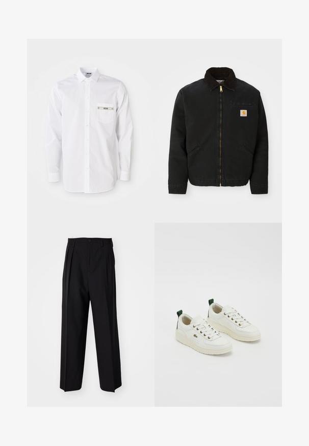 Zwarte ritsjack met een bruine corduroy kraag, twee zijzakken en een klein vierkant Carhartt logo-patch op de linkerborst.; Witte lange mouwen shirt van katoen. Heeft een knoopsluiting aan de voorkant, een puntige kraag en een kleine zak met branding op de borst.; Zwarte geplooide broeken met een rechte, brede pijpontwerp. Gemaakt van soepele stof, met een knoopsluiting en riemlussen.; Witte leren sneakers met groene accenten, vetersluiting, gouden ogen en gemêleerde panelen. Dikke crèmekleurige rubberen zool.