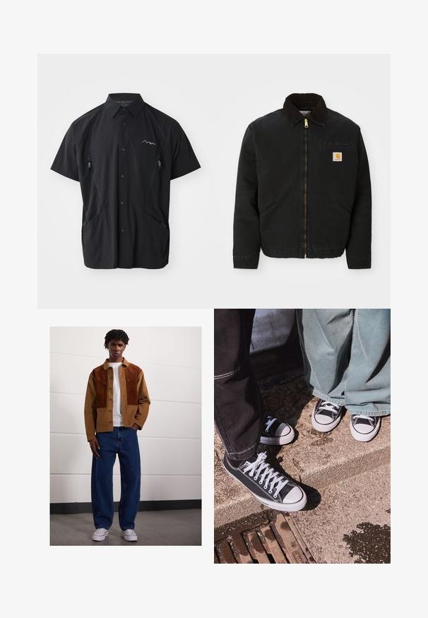 Czarna kurtka zapinana na zamek z brązowym kołnierzem z kordurowej tkaniny, dwa boczne kieszenie oraz mała, kwadratowa naszywka z logo Carhartt na lewej piersi.; Czarna koszulka z krótkim rękawem, wykonana z lekkiego materiału, z kołnierzykiem, dwiema kieszeniami na zamek na klatce piersiowej i logo górskim po lewej stronie.; Mężczyzna stojący w pomieszczeniu, ubrany w brązową kurtkę z sztruksu z rdzawej kolorze, białą koszulkę, luźne niebieskie dżinsy oraz białe trampki.; Czarne płócienne sneakersy typu low-top z białymi gumowymi czubkami i sznurówkami, w połączeniu z szerokimi zielonymi dżinsami, na teksturowanej kamiennej powierzchni.