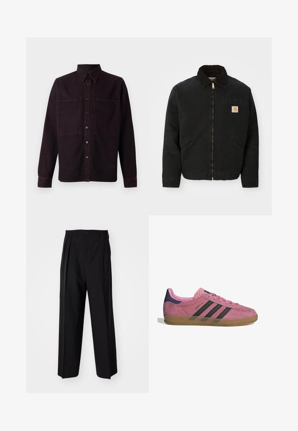 Juodas užtrauktukas švarkas su rudąja kordurojo apykakle, dviem šoninėm kišenėm ir mažas kvadratinis Carhartt logotipo pleistras kairėje krūtinės pusėje.; Tamsiai purpurinė džinsinė marškinėliai su ilgomis rankovėmis, smailiu apykakle, dviem priekinėm kišenėm ir kontrastinga raudona siūle. Yra mygtukų užsegimas.; Juodi klostuoti kelnių, su tiesiu, plačiu kojų dizainu. Pagaminti iš lygios medžiagos, su mygtukų uždarymu ir diržo kilputėmis.; Rožiniai suediniai sportbačiai su juodomis juostelėmis, gumos padas ir tekstūruotas purpurinis kulnas. Yra šnarančios auselės ir įspaustas prekės ženklas šone.