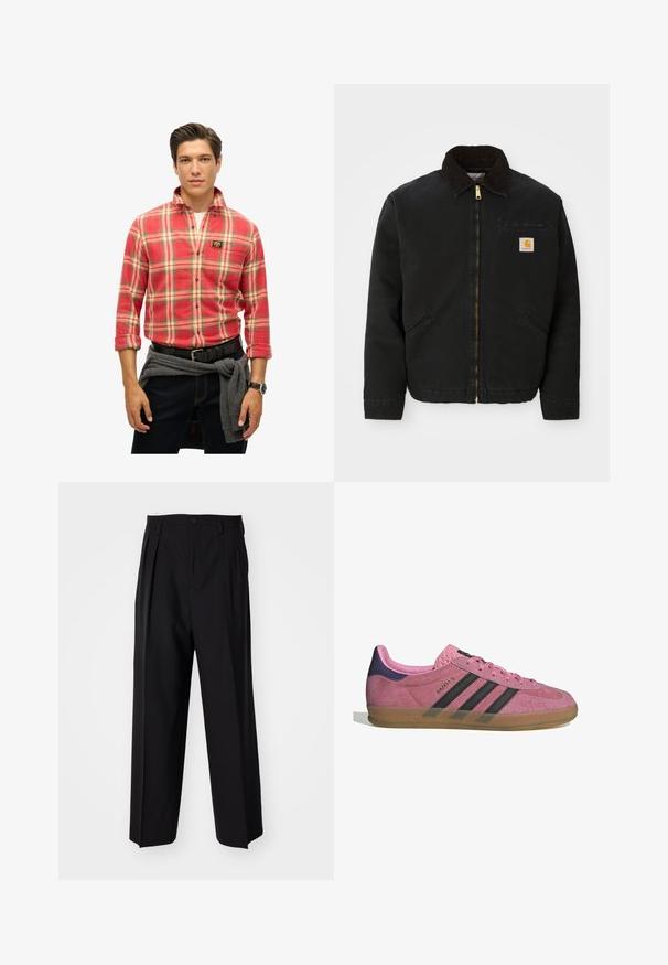 Giacca nera con zip e colletto in corduroy marrone, due tasche laterali e una piccola toppa quadrata con il logo Carhartt sul petto sinistro.; Camicia a quadri rossi con accenti gialli, verdi e blu. Maniche lunghe, colletto con bottoni, presenta una toppa con logo. Jeans blu scuro e maglione grigio annodato in vita.; Pantaloni neri a pieghe con un design dritto e gamba larga. Realizzati in tessuto morbido, con chiusura a bottone e passanti per cintura.; Sneaker in suede rosa con strisce nere, suola in gomma e tallone texturizzato viola. Presenta un design con lacci e un marchio in rilievo sul lato.