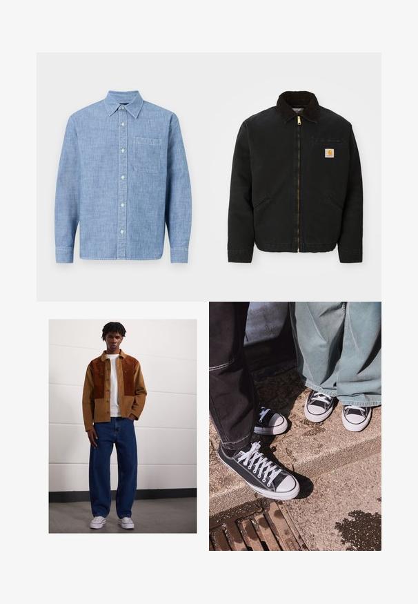 Črna jakna z zadrgo in ovratnikom iz rjave žameta, z dvema stranskima žepoma in majhno kvadratno oznako Carhartt na levem prsnem delu.; Svetlo modra, dolgih rokavov, z gumbi zapeta srajca iz teksturirane tkanine. Ima ovratnik, sprednjo žep in zapiranje z gumbi spredaj.; Moški stoji v notranjosti, oblečen v rjav žametni jopič z rjavimi madeži, bel t-shirt, ohlapne modre kavbojke in bele superge.; Črne platnene teniske z nizkim vrhom, belimi gumijastimi kapicami in vezalkami, v kombinaciji z širokimi zelenimi jeansi, na teksturirani kamniti površini.