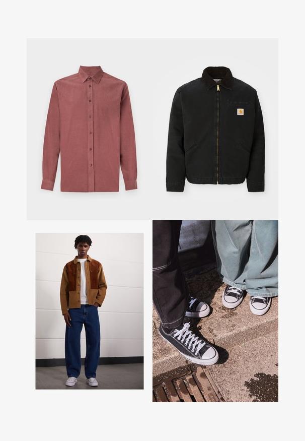 Melns zip-up jaka ar brūnu korduroja apkakli, divām sānu kabatām un mazu kvadrātveida Carhartt logotipa uzšuvumu kreisajā krūtī.; Tumši rozā krāsas garām piedurknēm krekls ar pogu aizdares priekšpusi, klasisku apkakli un ribotām tekstūru.; Vīrietis stāv telpās, ģērbies brūnā korduroja jaciņā ar rūsas pleķiem, baltā T-kreklā, brīvās zilās džinsās un baltās sporta kurpēs.; Melnas kanvas zemo profilu kedas ar baltām gumijas purngaliem un šņorēm, apvienotas ar platām zaļām džinsa biksēm, uz teksturētas akmens virsmas.