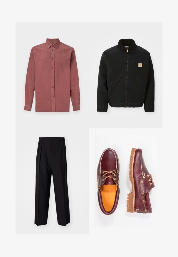 Giacca nera con zip e colletto in corduroy marrone, due tasche laterali e una piccola toppa quadrata con il logo Carhartt sul petto sinistro.; Camicia a maniche lunghe in tessuto rosa scuro, con chiusura frontale a bottoni, colletto classico e texture a costine.; Pantaloni neri a pieghe con un design dritto e gamba larga. Realizzati in tessuto morbido, con chiusura a bottone e passanti per cintura.; Scarpe in pelle bordeaux con suole in gomma marrone, punta rotonda, cuciture bianche e occhielli dorati. L'interno presenta un rivestimento giallo.