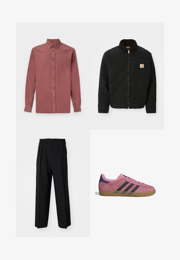 Mustan lukuga vest, millel on pruunist kangast krae, kaks küljetaskut ja väike ruudukujuline Carhartti logo patch vasakul rinnal.; Tume roosi värvi pikkade varrukatega särk, millel on nööpidest kinnitatud eesmine osa, klassikaline krae ja sooniktekstuur.; Mustad volditud püksid sirge ja laia säärega disainiga. Valmistatud siledast kangast, millel on nuppudega sulgemine ja vööaasad.; Roosa seemneviziga toss, millel on mustad triibud, kummist soon, ja tekstureeritud lilla konts. Omab nööridega sulgemist ja reljeefset brändingut küljel.