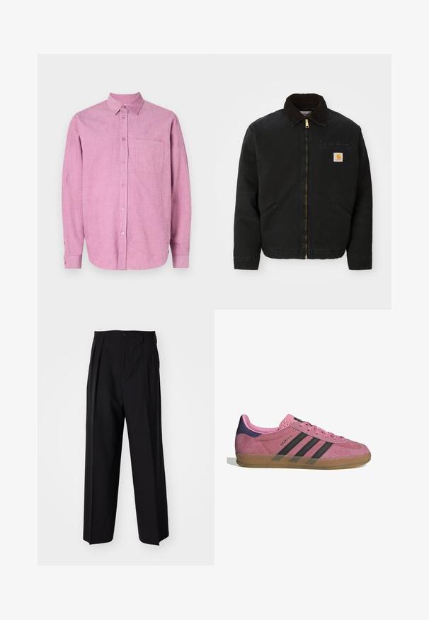 Crna jakna na zip s okovratnikom od smešnog kordura, dva bočna džepa i mala kvadratna oznaka Carhartt na lijevoj strani prsiju.; Ružičasta kordura košulja s ovratnikom na gumbe, dugim rukavima i jednom džepom na prsima. Ima vertikalne rebraste detalje i zatvaranje na gumbe sprijeda.; Crne plisirane hlače s ravnim širokim nogavicama. Izrađene od glatkog materijala, s dugmadi za zatvaranje i petljama za remen.; Roze nubuk tenisice s crnim prugama, gumeni potplat i teksturirani ljubičasti petni dio. Imaju vezivanje i utisnuti brend na strani.