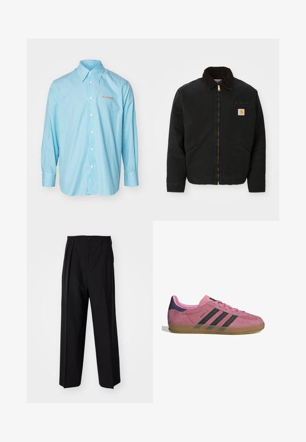 Črna jakna z zadrgo in ovratnikom iz rjave žameta, z dvema stranskima žepoma in majhno kvadratno oznako Carhartt na levem prsnem delu.; Svetlo modra srajca z dolgimi rokavi z ozkimi belimi črtami, ovratnik na gumbke in rdeča vezenina "BLUEMARBLE" na levi strani.; Črne nabirane hlače s ravnim, širokim krojem. Narejene so iz gladkega materiala in imajo zadrgo ter pasne zanke.; Roza semišna tenisača z črnimi stripe, gumijastim podplatom in teksturiranim vijoličastim petnim delom. Ima vezalni dizajn in embosirano blagovno znamko na strani.