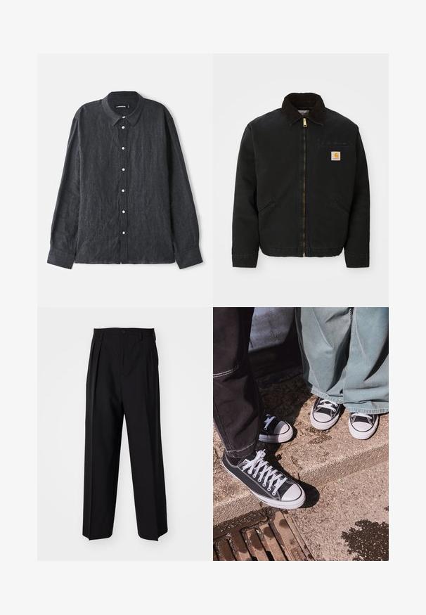 Juodas užtrauktukas švarkas su rudąja kordurojo apykakle, dviem šoninėm kišenėm ir mažas kvadratinis Carhartt logotipo pleistras kairėje krūtinės pusėje.; Tamsiai pilkas lininis marškinis ilgomis rankovėmis su sagų apykakle, su priekinėmis sagomis balta spalva ir laisvu siluetu.; Juodi klostuoti kelnių, su tiesiu, plačiu kojų dizainu. Pagaminti iš lygios medžiagos, su mygtukų uždarymu ir diržo kilputėmis.; Juodi kanvošo žemakulniai sportbačiai su baltais guminiais pirštų dangteliais ir raišteliais, derinami su platėjančiais žaliais džinsais, ant tekstūruoto akmens paviršiaus.