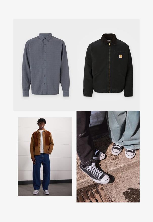 Schwarze zip-up Jacke mit braunem Cordkragen, zwei Seitentaschen und einem kleinen quadratischen Carhartt-Logo-Patch auf der linken Brust.; Grauem Hemd mit langen Ärmeln, aus strukturiertem Stoff, mit klassischem Kragen und sechs Knöpfen auf der Vorderseite.; Mann steht drinnen und trägt eine braune Cordjacke mit Rostflecken, ein weißes T-Shirt, lockere blaue Jeans und weiße Sneakers.; Schwarze Canvas-Sneaker mit niedrigen Schnürsenkeln und weißen Gummispitzen, kombiniert mit weiten grünen Jeanshosen, auf einer strukturierten Steinoberfläche.