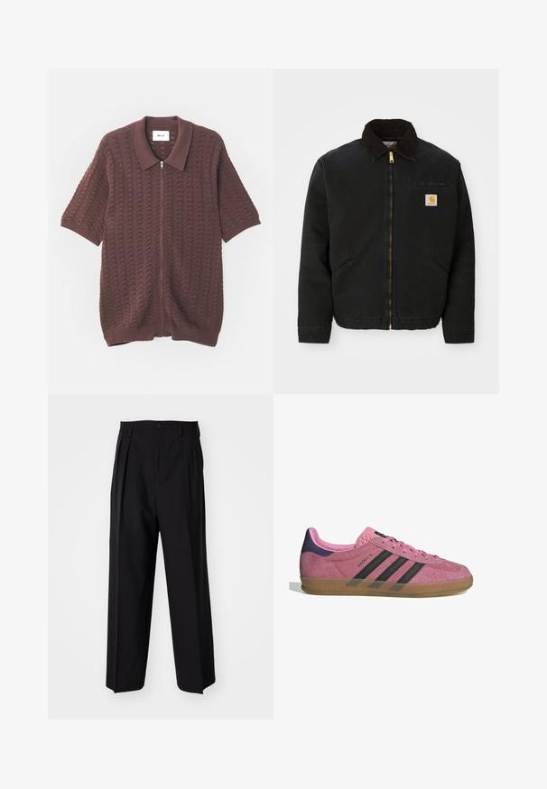 Mustapaita, jossa on ruskea corduroy-kaulus, kaksi sivutaskua ja pieni neliömäinen Carhartt-logopatchi vasemmassa rinnassa.; Lyhythihainen burgundinpunainen neulepaita, jossa on vetoketju, aaltoileva pintakuvio ja avokolla. Paidassa on resorit hihansuissa ja helmassa.; Mustat laskostetut housut, joissa on suora, leveä lahje. Valmistettu sileästä kankaasta, jossa on nappisuljenta ja vyölenkit.; Vaaleanpunaiset mokkanahkakengät mustilla raidoilla, kumipohjalla ja teksturoidulla purppurakorkealla. Varustettu nauhakiinnityksellä ja kohokuvioidulla brändäyksellä sivussa.