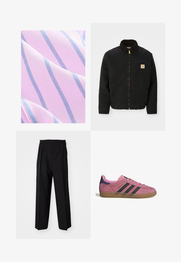 Juodas užtrauktukas švarkas su rudąja kordurojo apykakle, dviem šoninėm kišenėm ir mažas kvadratinis Carhartt logotipo pleistras kairėje krūtinės pusėje.; Next REGULAR FIT - Marškiniai - pink blue; Juodi klostuoti kelnių, su tiesiu, plačiu kojų dizainu. Pagaminti iš lygios medžiagos, su mygtukų uždarymu ir diržo kilputėmis.; Rožiniai suediniai sportbačiai su juodomis juostelėmis, gumos padas ir tekstūruotas purpurinis kulnas. Yra šnarančios auselės ir įspaustas prekės ženklas šone.