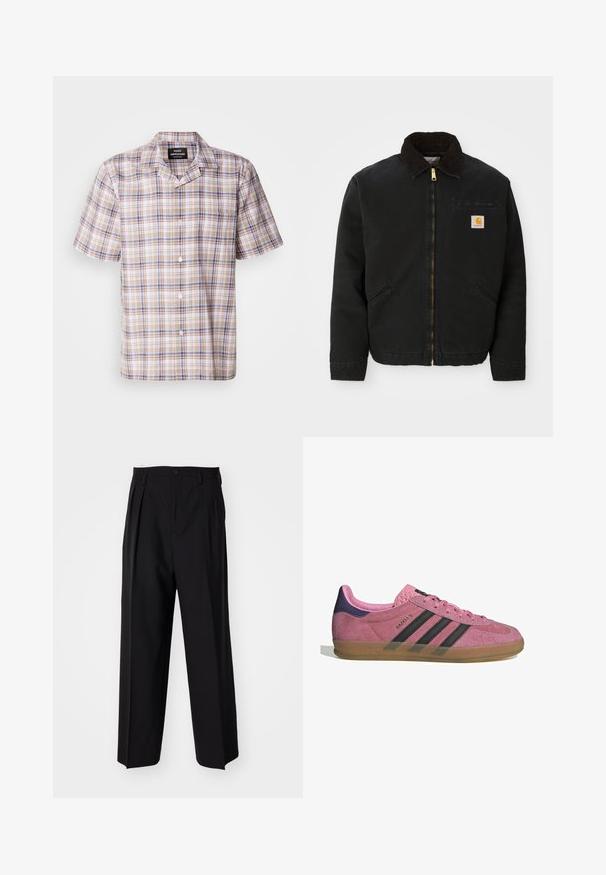 Mustapaita, jossa on ruskea corduroy-kaulus, kaksi sivutaskua ja pieni neliömäinen Carhartt-logopatchi vasemmassa rinnassa.; Ruutupaitainen lyhythihainen paita beigen sävyssä, jossa on sinisiä ja ruskeita yksityiskohtia, kaulus ja etunapit. Kevyt kangas, jossa on ruudullinen kuvio.; Mustat laskostetut housut, joissa on suora, leveä lahje. Valmistettu sileästä kankaasta, jossa on nappisuljenta ja vyölenkit.; Vaaleanpunaiset mokkanahkakengät mustilla raidoilla, kumipohjalla ja teksturoidulla purppurakorkealla. Varustettu nauhakiinnityksellä ja kohokuvioidulla brändäyksellä sivussa.