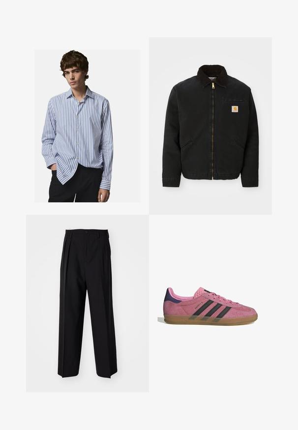 Juodas užtrauktukas švarkas su rudąja kordurojo apykakle, dviem šoninėm kišenėm ir mažas kvadratinis Carhartt logotipo pleistras kairėje krūtinės pusėje.; Balta ir mėlyna dryžuota marškininė su mygtukais. Turi klasikinius apykaklės, ilgus rankovės ir laisvą siluetą. Minkšta medžiaga su šiek tiek blizgesio.; Juodi klostuoti kelnių, su tiesiu, plačiu kojų dizainu. Pagaminti iš lygios medžiagos, su mygtukų uždarymu ir diržo kilputėmis.; Rožiniai suediniai sportbačiai su juodomis juostelėmis, gumos padas ir tekstūruotas purpurinis kulnas. Yra šnarančios auselės ir įspaustas prekės ženklas šone.