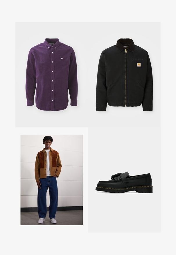 Fekete zipzáras dzseki barna kordbársony gallérral, két oldalsó zsebbe és egy kis négyzet alakú Carhartt logóval a bal mellen.; Lila kordbársony ing hosszú ujjakkal, gombos elülső résszel és fehér logóval a mellrészen. Hagyományos gallérral és felhajtott ujjakra jellemző.; Férfi áll bent egy barna kordbársony dzsekiben rozsdás foltokkal, fehér pólóban, laza kék farmerben és fehér sportcipőben.; Fekete bőr lófarok cipő, bojttal, sárga varrással a talp mentén, és vastag, bordás gumitalppal.