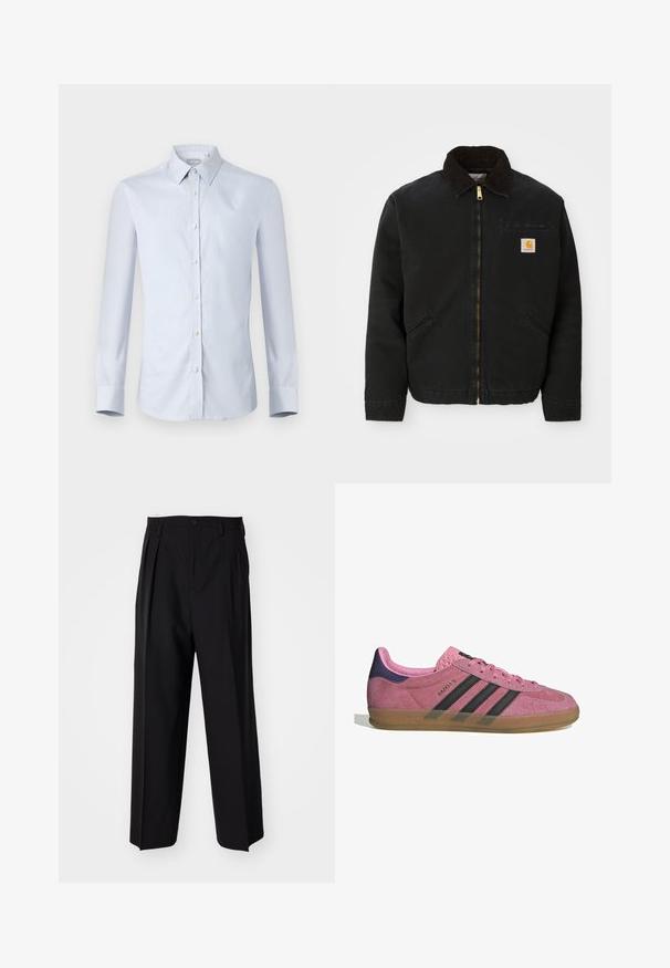 Svarte zip-up jakke med brun kordfløyelskrage, to sidelommer og en liten firkantet Carhartt-logo på venstre bryst.; Lyseblå skjorte med knappestolpe, strukturert krage og lange ermer, med et svakt rutemønster og hvite knapper foran.; Sorte plissert bukser med en rett, bred benform. Laget av glatt stoff, med knappelukking og beltehemper.; Rosa semskesko med svarte striper, gummisåle og teksturert lilla hæl. Har en snøringdesign og preget merkevare på siden.