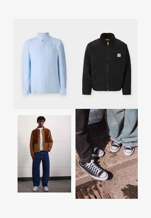 Svart zip-up jacka med brunt kordflöjlskrage, två sidofickor och en liten fyrkantig Carhartt-logotyp på vänster bröst.; Ljusblå, långärmad skjorta med knappar gjord av strukturerat tyg. Har en klassisk krage och knapplist fram.; Man som står inomhus och bär en brun kordflodjacka med rostfärgade fläckar, vit t-shirt, lösa blå jeans och vita sneakers.; Svarta canvas låga sneakers med vita gummikappor och snören, tillsammans med breda gröna denimbyxor, på en strukturerad stenyta.