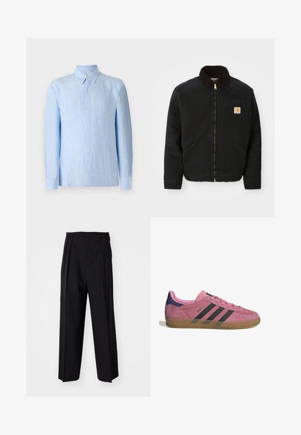 Jachetă neagră cu fermoar, guler din piele de căprioară maro, două buzunare laterale și o mică etichetă pătrată cu logo Carhartt pe pieptul stâng.; Cămașă albastru deschis, cu mâneci lungi și nasturi, fabricată dintr-un material texturat. Prezintă un guler clasic și o bandă frontală cu nasturi.; Pantaloni negri plisat cu un design drept și pantaloni largi. Construiți dintr-un material neted, prevăzuți cu închidere cu nasture și bucle pentru curea.; Tenisi roz din suede cu dungi negre, talpă din cauciuc și toc texturat violet. Prezintă un design cu șireturi și un logo embosat pe lateral.