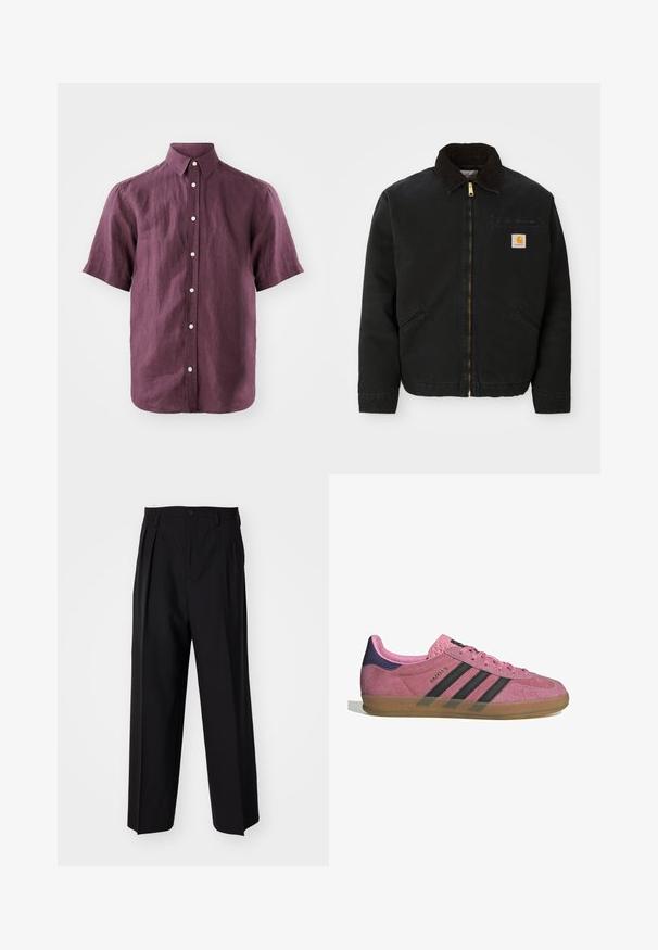 Čierna zipsová bunda s hnedým kordovým golierom, dvoma bočnými vreckami a malou štvorcovou nášivkou s logom Carhartt na ľavej hrudi.; Košeľa s krátkym rukávom, na gombíky, v tmavo purpurovej farbe z ľanového materiálu, s klasickým golierom a bielymi gombíkmi, ktorú zdobí textúrovaná tkanina.; Čierne skladané nohavice s rovnom, širokým strihom. Vyrobené z hladkého materiálu, s gombíkovým zapínaním a pútkami na opasok.; Rúžové semišové tenisky s čiernymi pruhmi, gumovou podrážkou a textúrovaným fialovým podpätkom. Obsahujú šnurovací dizajn a embosované logo na strane.