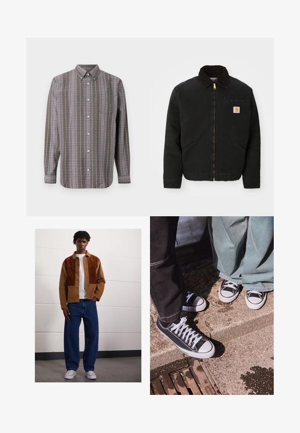 Zwarte ritsjack met een bruine corduroy kraag, twee zijzakken en een klein vierkant Carhartt logo-patch op de linkerborst.; Langarm overhemd met een bruine, witte, blauwe en paarse ruitpatroon en een borstzak op een witte achtergrond.; Man die binnen staat en een bruine corduroyjas met roestvlekken, een wit T-shirt, losse blauwe spijkerbroeken en witte sneakers draagt.; Zwarte canvas lage sneakers met witte rubberen neusdeksels en veters, gecombineerd met brede groene denim broeken, op een gestructureerd stenen oppervlak.