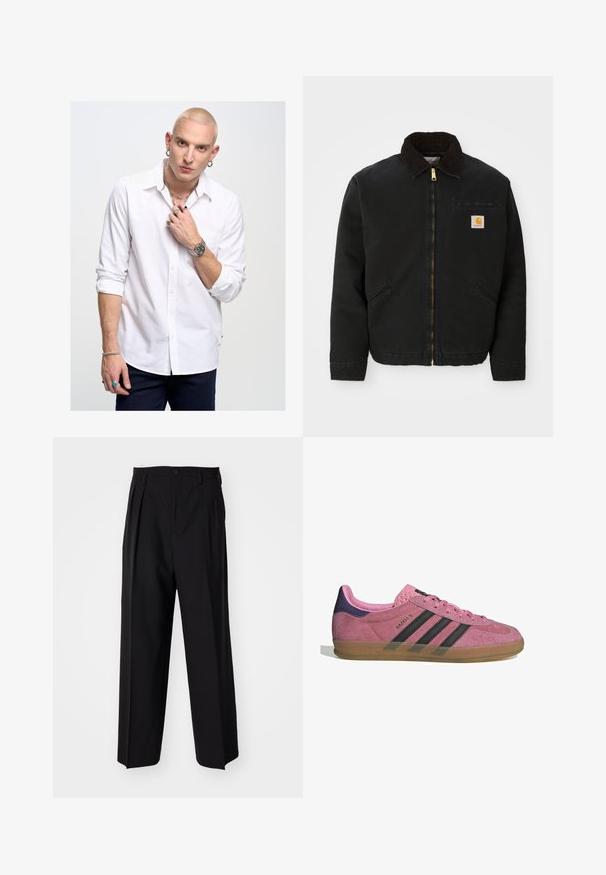 Chaqueta negra con cremallera y cuello de pana marrón, dos bolsillos laterales y un pequeño parche cuadrado con el logo de Carhartt en el lado izquierdo del pecho.; Camisa blanca de manga larga con botones y cuello, con un acento rojo, combinada con jeans azules. Accesorios incluyen joyas y un reloj.; Pantalones negros plisados con un diseño recto y de pierna ancha. Fabricados en una tela suave, presentan un cierre de botón y trabillas para el cinturón.; Zapatilla de ante rosa con rayas negras, suela de goma y talón texturizado púrpura. Cuenta con un diseño de cordones y una marca grabada en el lateral.