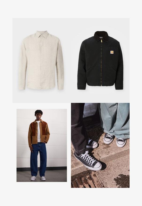 Mustan lukuga vest, millel on pruunist kangast krae, kaks küljetaskut ja väike ruudukujuline Carhartti logo patch vasakul rinnal.; Kerge beež linane nööpidega särk terava krae, pikkade varrukate ja peene tekstuuriga; ees on kuus sobivat nööpi.; Mees seisab siseruumides, kandes pruuni rubriikjakki roosteplekkidega, valget T-särki, lahtisi siniseid teksaseid ja valgeid spordijalanõusid.; Mustad musta kangaga madalate tossudega, valgete kummist varvaste ja paeltega, kombineerituna laia rohelise denimpüksiga, tekstureeritud kivi pinna peal.