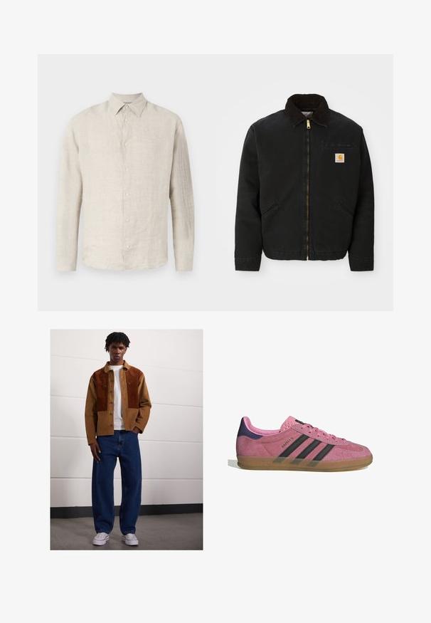 Chaqueta negra con cremallera y cuello de pana marrón, dos bolsillos laterales y un pequeño parche cuadrado con el logo de Carhartt en el lado izquierdo del pecho.; Camisa abotonada de lino beige claro con cuello puntiagudo, mangas largas y textura sutil; cuenta con seis botones a juego en la parte delantera.; Hombre de pie en interiores, vistiendo una chaqueta de pana marrón con parches de óxido, camiseta blanca, jeans azules holgados y zapatillas blancas.; Zapatilla de ante rosa con rayas negras, suela de goma y talón texturizado púrpura. Cuenta con un diseño de cordones y una marca grabada en el lateral.