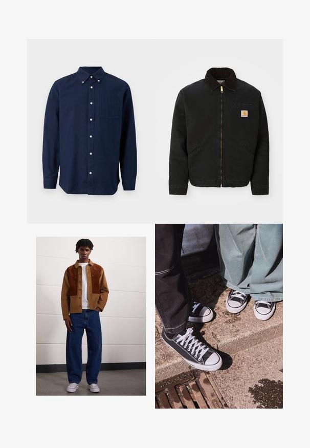 Zwarte ritsjack met een bruine corduroy kraag, twee zijzakken en een klein vierkant Carhartt logo-patch op de linkerborst.; Marineblauw overhemd met lange mouwen, knoopsluiting en een borstzak, met een button-down kraag, weergegeven tegen een witte achtergrond.; Man die binnen staat en een bruine corduroyjas met roestvlekken, een wit T-shirt, losse blauwe spijkerbroeken en witte sneakers draagt.; Zwarte canvas lage sneakers met witte rubberen neusdeksels en veters, gecombineerd met brede groene denim broeken, op een gestructureerd stenen oppervlak.