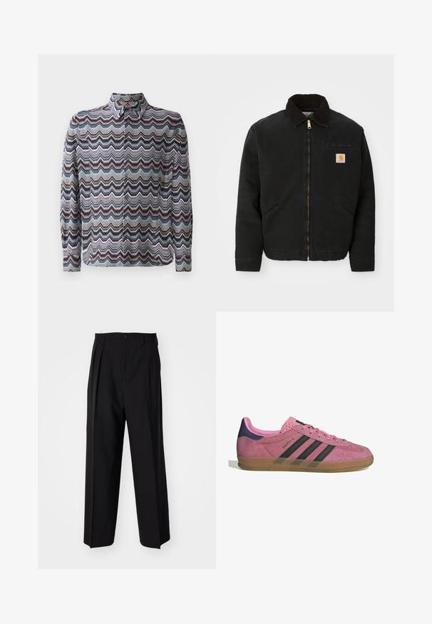 Giacca nera con zip e colletto in corduroy marrone, due tasche laterali e una piccola toppa quadrata con il logo Carhartt sul petto sinistro.; Camicetta a maniche lunghe con motivo a zigzag nei colori blu, rosa e crema. Realizzata in tessuto leggero con colletto a camicia.; Pantaloni neri a pieghe con un design dritto e gamba larga. Realizzati in tessuto morbido, con chiusura a bottone e passanti per cintura.; Sneaker in suede rosa con strisce nere, suola in gomma e tallone texturizzato viola. Presenta un design con lacci e un marchio in rilievo sul lato.