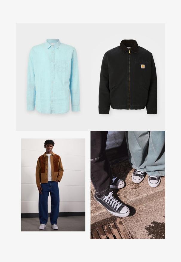 Svarte zip-up jakke med brun kordfløyelskrage, to sidelommer og en liten firkantet Carhartt-logo på venstre bryst.; GAP STANDARD - Button down-skjorte - aqua glaze; Tre tank topper i hvit, grå og svart. Hver av dem har et klassisk ermeløst design, laget av lett bomullsstoff med en ribbestruktur.; Mann som står innendørs iført en brun kordfløyelsjakke med rustfargede flekker, hvit t-skjorte, løse blå jeans og hvite sneakers.; Svart lerret lågtopp sneakers med hvite gummitåkapper og snørebånd, sammen med vide grønne denimbukser, på en teksturert steinoverflate.
