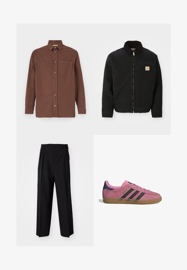 Casaco preto com fecho zip, colarinho de cabedal castanho, dois bolsos laterais e um pequeno patch quadrado com o logótipo da Carhartt no lado esquerdo do peito.; Camisa castanha de botão com gola, mangas compridas, um bolso no peito e botões cinzentos, feita de um tecido texturizado.; Calças pretas plissadas com um design reto e de perna larga. Feitas de um tecido liso, apresentam um fecho de botão e passantes para cinto.; Sapatilha de camurça rosa com riscas pretas, sola de borracha, e calcanhar texturizado roxo. Apresenta um design de atacadores e uma marcação em relevo na lateral.