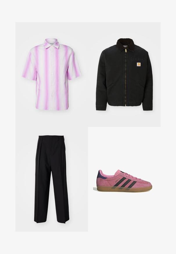 Juodas užtrauktukas švarkas su rudąja kordurojo apykakle, dviem šoninėm kišenėm ir mažas kvadratinis Carhartt logotipo pleistras kairėje krūtinės pusėje.; Šviesiai rožinė ir balta trumpa rankovė, mygtukais užsegama marškiniai su vertikaliomis juostelėmis. Pagaminti iš lengvos medžiagos, turi klasikinį apykaklę.; Juodi klostuoti kelnių, su tiesiu, plačiu kojų dizainu. Pagaminti iš lygios medžiagos, su mygtukų uždarymu ir diržo kilputėmis.; Rožiniai suediniai sportbačiai su juodomis juostelėmis, gumos padas ir tekstūruotas purpurinis kulnas. Yra šnarančios auselės ir įspaustas prekės ženklas šone.