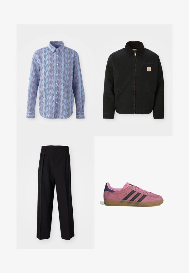Zwarte ritsjack met een bruine corduroy kraag, twee zijzakken en een klein vierkant Carhartt logo-patch op de linkerborst.; Overhemd met knopen, voorzien van een blauw en paars zigzagpatroon met verticale zwarte strepen, lange mouwen en een klassieke kraag.; Zwarte geplooide broeken met een rechte, brede pijpontwerp. Gemaakt van soepele stof, met een knoopsluiting en riemlussen.; Roze suède sneaker met zwarte strepen, rubberen zool en textuur op de paarse hak. Voorzien van een vetersluiting en opgedrukte merknaam aan de zijkant.