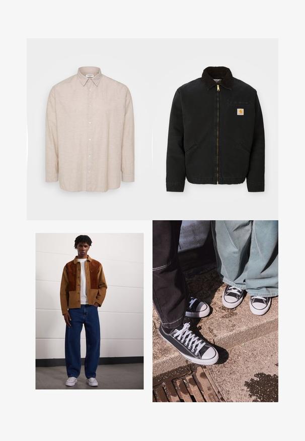 Giacca nera con zip e colletto in corduroy marrone, due tasche laterali e una piccola toppa quadrata con il logo Carhartt sul petto sinistro.; Camicia beige chiaro a maniche lunghe in tessuto di lino, con colletto a camicia, bottoni frontali e una vestibilità rilassata con maniche a polsino.; Uomo che sta in piedi all'interno, indossando una giacca di velluto a coste marrone con macchie arrugginite, una maglietta bianca, jeans blu larghi e sneaker bianche.; Sneaker in tela nera basse con punte e lacci in gomma bianca, abbinate a pantaloni larghi in denim verde, su una superficie di pietra texturizzata.