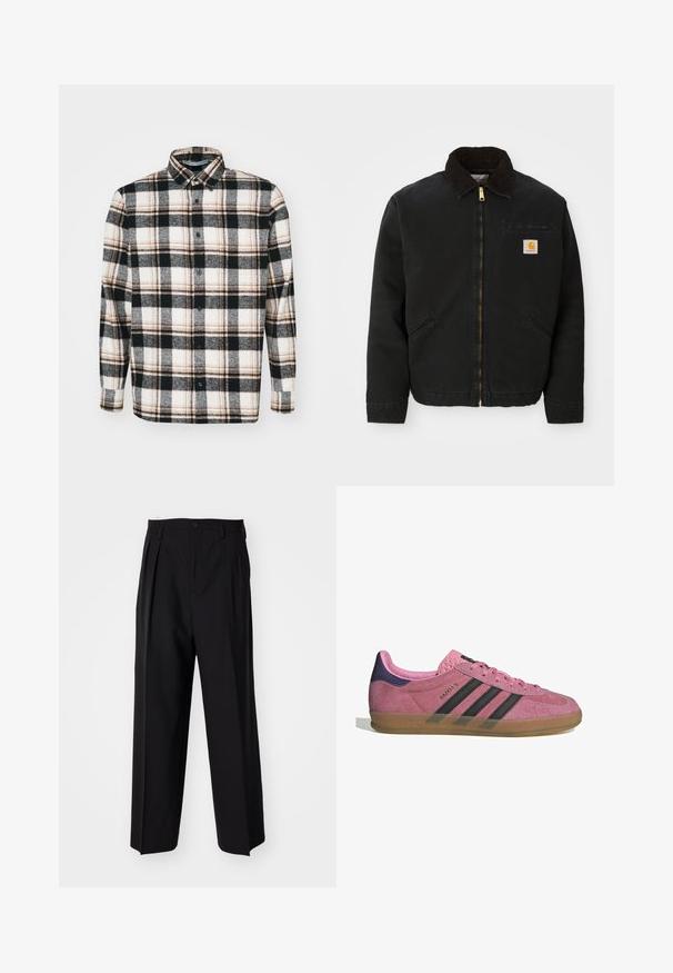 Melns zip-up jaka ar brūnu korduroja apkakli, divām sānu kabatām un mazu kvadrātveida Carhartt logotipa uzšuvumu kreisajā krūtī.; Flanelis krekls ar melnu, baltu un pelēku rūtainu rakstu, ar brūniem akcentiem. Garas piedurknes, pogājama priekšpuse un standarta apkakles dizains.; Melnas plisētās bikses ar taisnu, plata kāja dizainu. Izgatavotas no gludas auduma, ar pogu aizdari un jostas cilpiņām.; Rozā zamšādas sporta apavi ar melnām svītrām, gumijas zoli un teksturētu purpura papēdi. Iezīmējas ar auklēšanas dizainu un izspiestu zīmolu sānos.