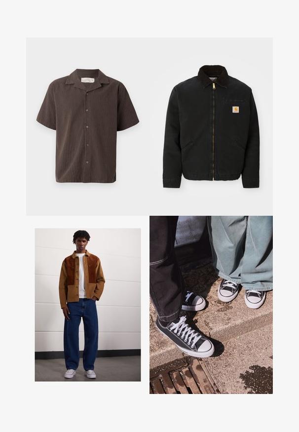 Veste noire à zip avec un col en velours côtelé marron, deux poches latérales et un petit patch carré avec le logo Carhartt sur la poitrine gauche.; Chemise à manches courtes de couleur marron foncé avec des rayures verticales claires, design col, fermeture à boutons et coupe décontractée. Tissu doux et texture lisse.; Homme se tenant à l'intérieur, portant une veste en velours côtelé marron avec des taches rouillées, un t-shirt blanc, un jean bleu ample et des baskets blanches.; Baskets basses en toile noire avec des embouts et des lacets en caoutchouc blanc, associées à un pantalon en denim vert large, sur une surface en pierre texturée.
