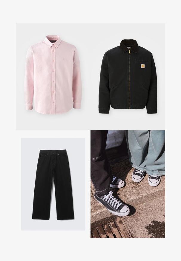 Juodas užtrauktukas švarkas su rudąja kordurojo apykakle, dviem šoninėm kišenėm ir mažas kvadratinis Carhartt logotipo pleistras kairėje krūtinės pusėje.; Šviesiai rožinė mygtukų marškiniai, pagaminti iš medvilnės, su minkšta tekstūra, ilgomis rankovėmis, apykakle ir maža logotipu ant krūtinės.; Juodi plačiakelniai džinsai su klasikinio penkių kišenių dizainu ir struktūruotu juosmeniu su diržo kilpomis.; Juodi kanvošo žemakulniai sportbačiai su baltais guminiais pirštų dangteliais ir raišteliais, derinami su platėjančiais žaliais džinsais, ant tekstūruoto akmens paviršiaus.