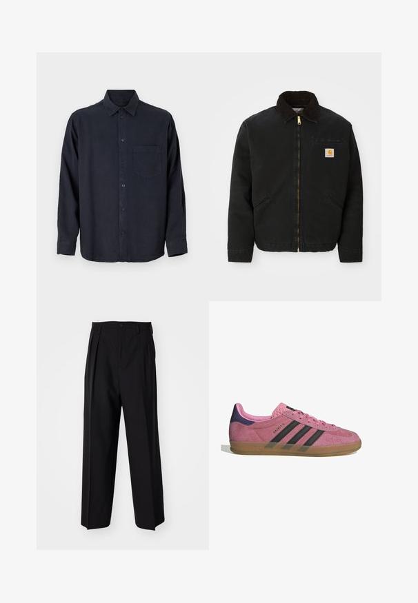 Juodas užtrauktukas švarkas su rudąja kordurojo apykakle, dviem šoninėm kišenėm ir mažas kvadratinis Carhartt logotipo pleistras kairėje krūtinės pusėje.; Tamsiai mėlyna ilgomis rankovėmis marškiniai, pagaminti iš minkštos medžiagos, su sagčių užsegimu, smailiu apykakle ir viena krūtine kišene.; Juodi klostuoti kelnių, su tiesiu, plačiu kojų dizainu. Pagaminti iš lygios medžiagos, su mygtukų uždarymu ir diržo kilputėmis.; Rožiniai suediniai sportbačiai su juodomis juostelėmis, gumos padas ir tekstūruotas purpurinis kulnas. Yra šnarančios auselės ir įspaustas prekės ženklas šone.