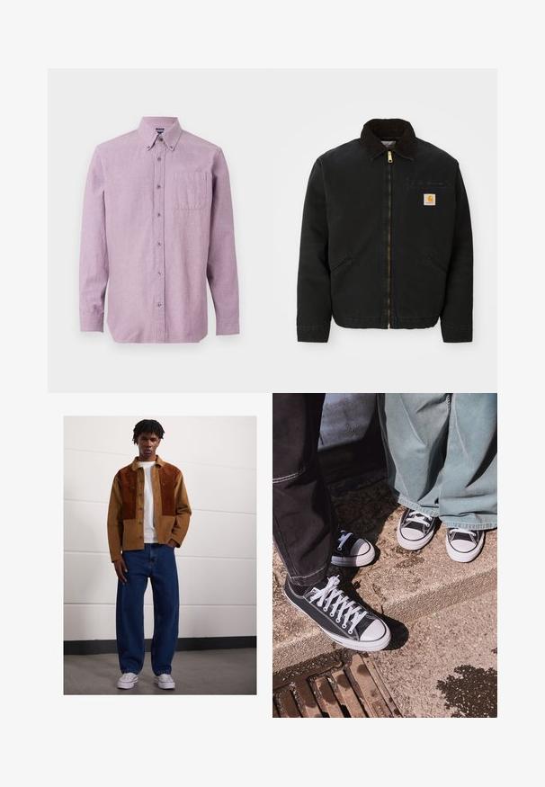 Melns zip-up jaka ar brūnu korduroja apkakli, divām sānu kabatām un mazu kvadrātveida Carhartt logotipa uzšuvumu kreisajā krūtī.; Lavandas krāsas garām piedurknēm pogājama krekls ar pogu uz leju tipa apkakli un krūšu kabatu, izlikts uz balta fona.; Vīrietis stāv telpās, ģērbies brūnā korduroja jaciņā ar rūsas pleķiem, baltā T-kreklā, brīvās zilās džinsās un baltās sporta kurpēs.; Melnas kanvas zemo profilu kedas ar baltām gumijas purngaliem un šņorēm, apvienotas ar platām zaļām džinsa biksēm, uz teksturētas akmens virsmas.